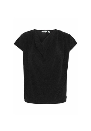 Black short-sleeve top with a V-neck and draped front. Made from a textured fabric with a slight sheen. Loose fit with a curved hem.
