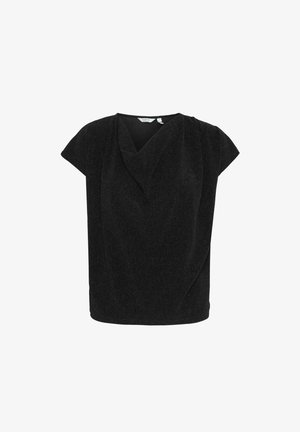 Black short-sleeve top with a V-neck and draped front. Made from a textured fabric with a slight sheen. Loose fit with a curved hem.