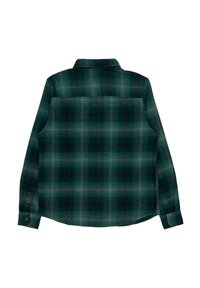 Camicia di flanella a quadri verde e nera con colletto, maniche lunghe e due polsini con bottone; presenta una spalla a sorpresa e una superficie morbida.
