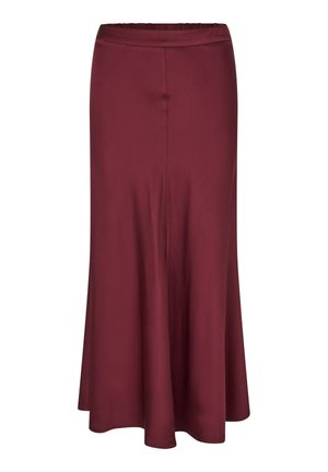 Bordeaux A-linje nederdel lavet af blødt, glat stof; har en elastisk talje og en flydende silhuet med en mellemlang længde.