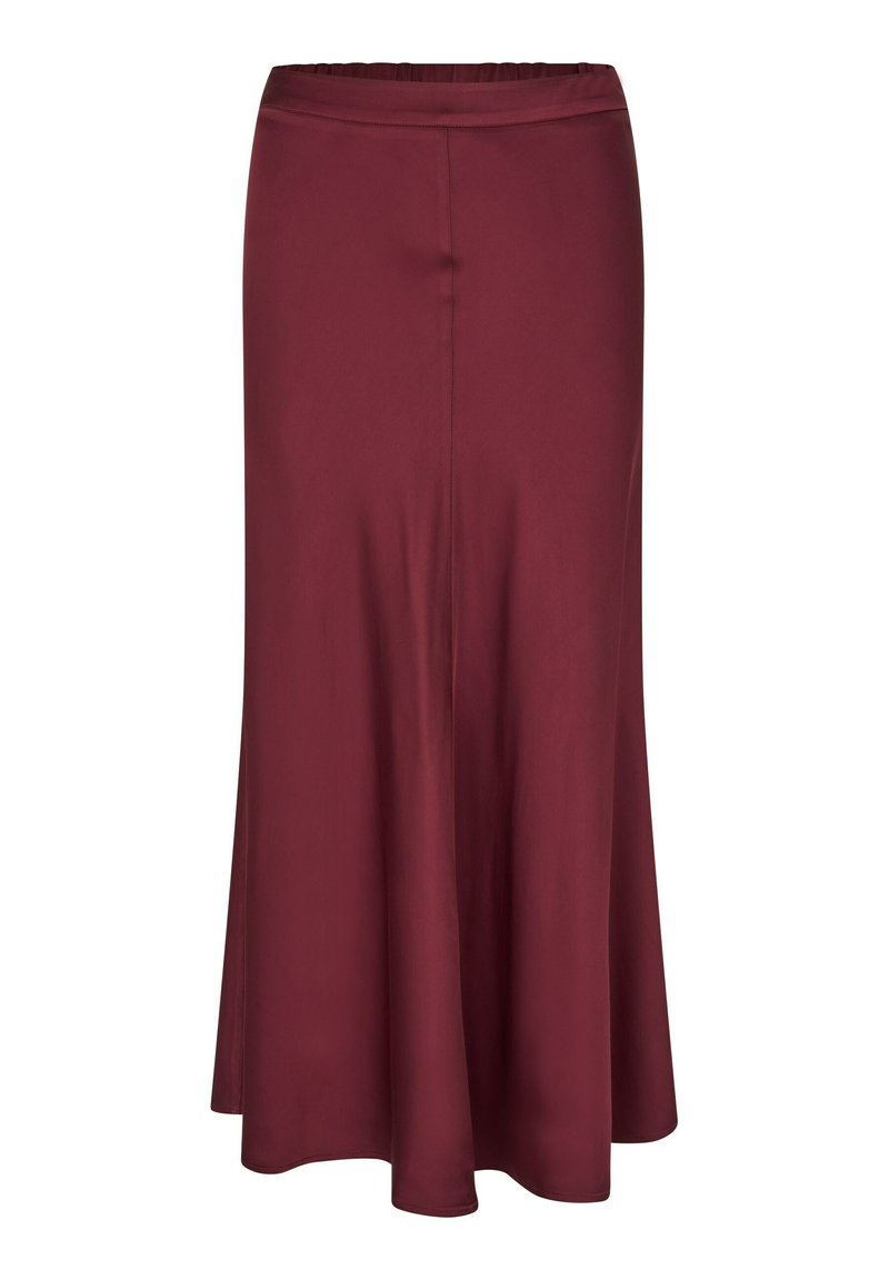 Burgundská sukňa A-strihu vyrobená z jemného, hladkého materiálu; má elastický pás a voľný siluet s dĺžkou po kolená.