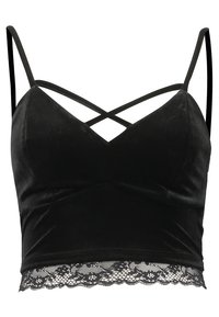Svart sammet bralette med justerbara axelband, som har en spetsdetalj vid nederkanten och en korsad design fram.