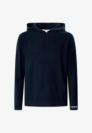 Sudadera de algodón azul marino con mangas largas, un bolsillo tipo canguro y cordones ajustables. Presenta un logo en el puño. Textura suave.