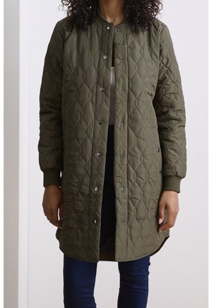 Personne portant une longue veste matelassée vert olive avec des boutons-pression et des poignets côtelés, associée à un pantalon bleu foncé.