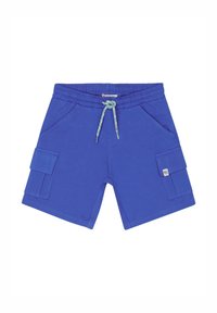 Blauwe katoenen shorts met een elastische tailleband en een bloemenkoord, voorzien van twee zijzakken en één cargozak.