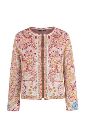 Garām piedurknēm, atvērtas priekšpuses kardigans ar sarežģītām ziedu un paisley rakstu detaļām sarkanā, oranžā, dzeltenā un zilā krāsā uz gaiši bēša fona.