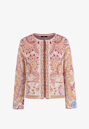 Pikad varrukad, avatud esiosaga kampsun, millel on peened lille- ja paisleymustrid punases, oranžis, kollases ja sinises heledal beežil taustal.