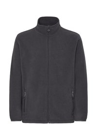 Tumehall fliisjakk kõrge kraega, esiosal tõmblukuga ja kahe küljetaskuga, sileda tekstuuri ja minimalistliku disainiga.