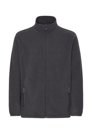 Tumehall fliisjakk kõrge kraega, esiosal tõmblukuga ja kahe küljetaskuga, sileda tekstuuri ja minimalistliku disainiga.