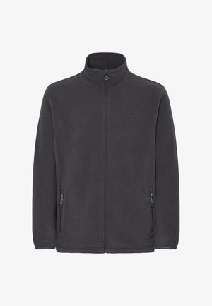 Temno siva flis jakna z visokim ovratnikom, sprednjo zadrgo in dvema stranskima žepoma, značilna za gladko teksturo in minimalističen dizajn.