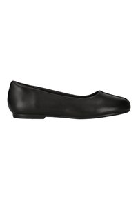 Ballerine noire en cuir avec un bout arrondi et un petit talon, montrée de profil sur fond blanc.