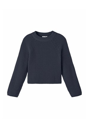 Donkerblauwe, grofgebreide trui met lange mouwen en een ronde hals, met een crop-top en een iets vierkante pasvorm.