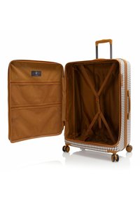Hartschalenkoffer mit einem Hahnentrittmuster, braunen Akzenten und einem beigen Innenraum. Verfügt über zwei Netztaschen und Kreuzgurte zur Organisation.