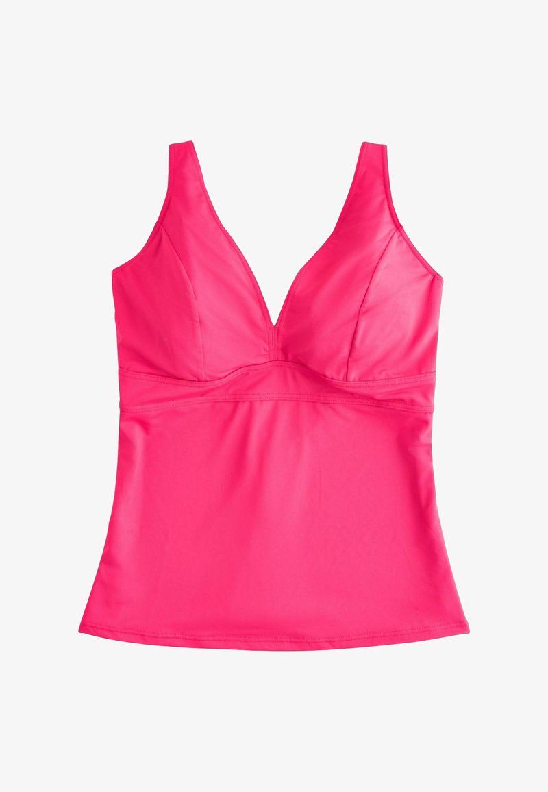 Fukszia színű, V-nyakú atléta sima anyagból. Széles pántokkal és testhezálló felsőrésszel rendelkezik, enyhén bővülő szegéllyel.