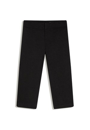 Pantaloni neri cropped a gamba dritta con davanti piatto e cintura, senza tasche visibili, esposti su sfondo bianco.