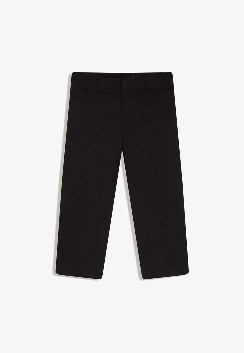 Pantaloni negri până la mijlocul taliei, cu croială dreaptă, talie plată fără buzunare vizibile, expuși pe fundal alb.