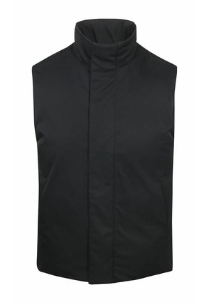 Zwarte mouwloze bodywarmer met hoge kraag en verborgen sluiting aan de voorkant, ontworpen voor koud weer.