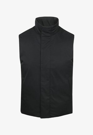 Zwarte mouwloze bodywarmer met hoge kraag en verborgen sluiting aan de voorkant, ontworpen voor koud weer.