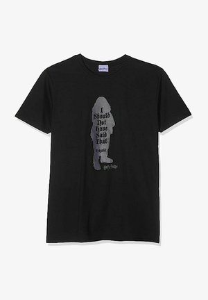 T-shirt nero in cotone con una grafica grigia di Hagrid e il testo "Non avrei dovuto dirlo" in un font serif nero.