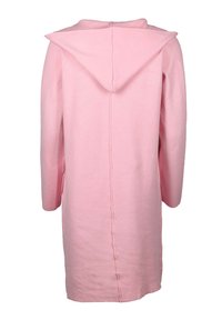 Rosa Kapuzenoberteil mit langen Ärmeln und lockerer Passform. Hergestellt aus weichem Stoff mit einer vertikalen Naht hinten.