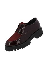 Burgundy leather and suede lace-up shoes with a patent finish, thick black rubber sole, and contrasting textured upper panel.