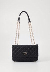 Melnas izšūtas somiņas ar zelta ķēžu siksnām, taisnstūrveida formā ar logotipa plāksnīti priekšpusē. Teksturēts materiāls.