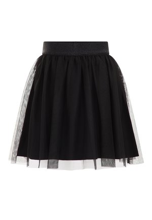 Jupe noire mi-longue avec superposition de tulle transparent en couches et large ceinture élastique scintillante, s'évasant légèrement à partir de la taille.