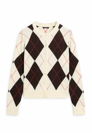 Cream cardigan with black and red argyle diamond pattern, long sleeves, round neckline, and front button closure.