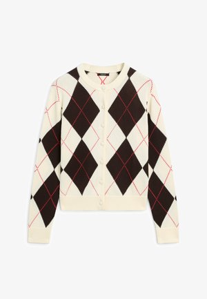 Crèmekleurig vest met zwart en rood ruitvormig argylepatroon, lange mouwen, ronde halslijn en knoopsluiting aan de voorkant.