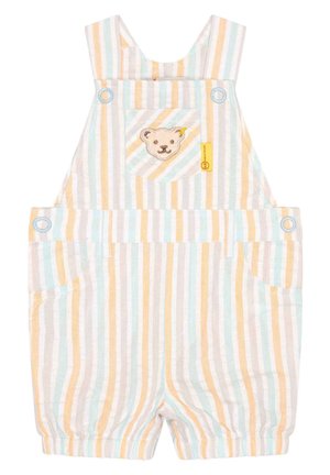 Babyheldragt med vertikale pastelfarvede striber i gul, blå og hvid, med forlomme med lille bjørneansigt-patch.