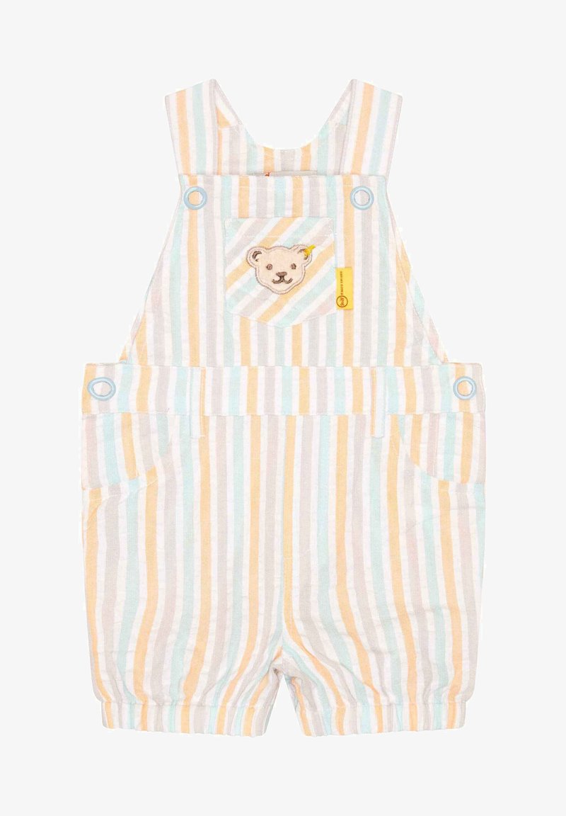 Combinaison bébé avec rayures verticales pastel jaune, bleue et blanche, featuring une poche avant avec un petit patch visage d’ours.
