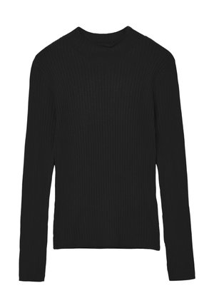 Maglione nero a maniche lunghe con costine, dotato di un collo alto e una forma aderente. Il materiale ha una consistenza morbida con un motivo a righe verticali.