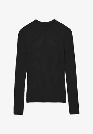 Maglione nero a maniche lunghe con costine, dotato di un collo alto e una forma aderente. Il materiale ha una consistenza morbida con un motivo a righe verticali.