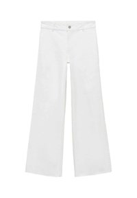 Valkoiset leveälahkeiset farkut, joissa on klassinen viisi-taskun muotoilu, yläpainike ja vetoketjukiinnitys. Sileä rakenne koko tuotteen ajan.