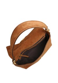 Braune Wildleder-Handtasche mit einem einzigen Griff, offenem Oberteil und Innenreißverschlusstasche. Verfügt über goldfarbene Beschläge und ein glattes schwarzes Innenfutter.