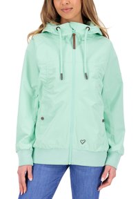 Licht mintgroene jas met een capuchon, ritssluiting en trekkoorden. Heeft zijzakken en geribde manchetten, gemaakt van een glad, lichtgewicht materiaal.