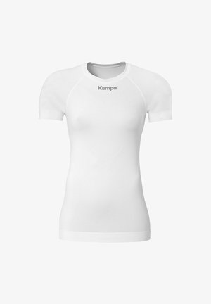 White short-sleeve athletic shirt made of smooth, stretchy fabric. Features a round neck and the "Kempa" logo in a subtle gray.