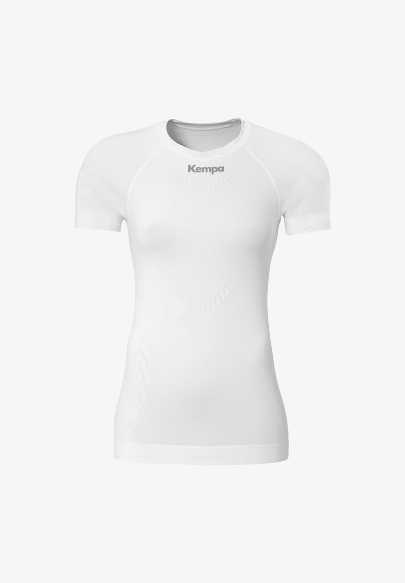 Hvid kortærmet atletisk skjorte lavet af glat, strækbart stof. Har en rund halsudskæring og "Kempa" logoet i en diskret grå farve.