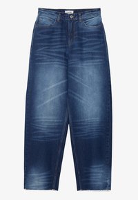 Džínové kalhoty s širokými nohavicemi v tmavě modré barvě, s vybledlým efektem, neupraveným lemem a klasickým designem s pěti kapsami. Zapínání na knoflík a zip.