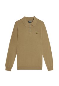 Långärmad polo i beige tyg, med krage, tre-knapp knappslå och en liten gul logotyp på vänster bröst.