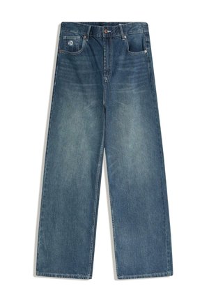 Blue wide-leg denim jeans with five pockets, button closure, and subtle fading on front thighs, displayed flat on white background.