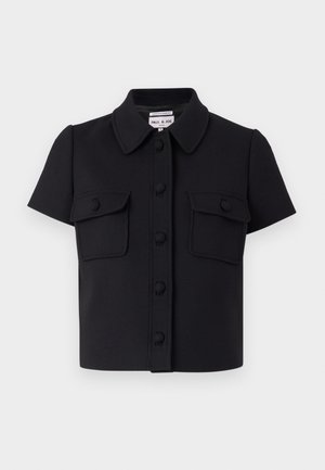 Black cropped short-sleeve shirt with a collared neck, button front, and two chest pockets. Made from a smooth, structured fabric.