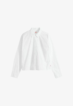 White long-sleeve button-up shirt with collar and small red tag on side, laid flat on white background.