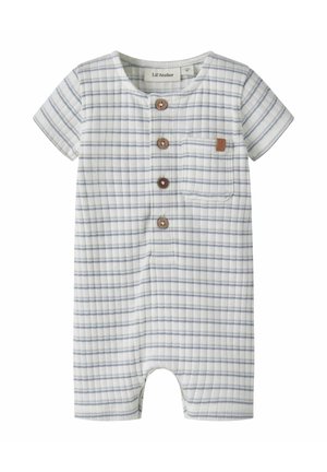 Biały niemowlęcy kombinezon z krótkim rękawem w jasnoniebieską kratkę, z czterema brązowymi guzikami z przodu oraz małą kieszonką na piersi z skórzaną metką.
