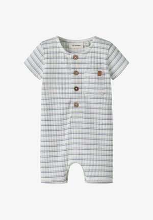 Biele detské krátkouvé body s svetlomodrým štvorcovým vzorom, štyrmi hnedými gombíkmi vpredu a malou náprsnou vreckom s koženou značkou.