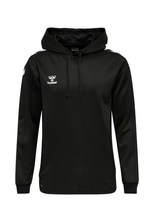 Svart huvtröja med en mjuk textur, med en logotyp på framsidan, dragskohuva och vita accenter på ärmarna.
