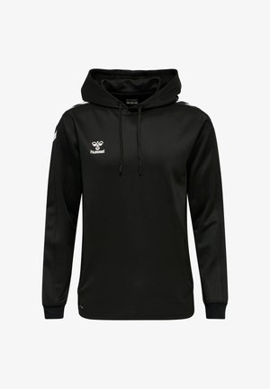 Schwarzer Kapuzenpullover mit glatter Textur, featuring ein Logo auf der Vorderseite, Kapuze mit Kordelzug und weißen Akzentstreifen an den Ärmeln.