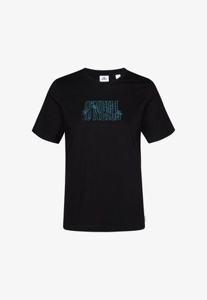 Musthave musta puuvillane t-särk, millel on türkiissinine graafiline print "O'Neill" lillelistes aktsentides. Lühikesed varrukad ja ümar kaelus.