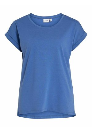 Blaues Kurzarm-T-Shirt mit umgeschlagenen Ärmelbündchen, rundem Halsausschnitt und leicht abgerundetem Saum.