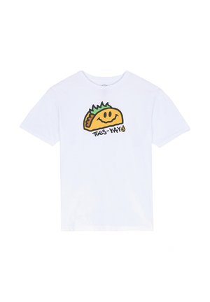 T-shirt en coton blanc avec un graphique de taco en cartoon affichant un visage souriant, de la laitue verte et le texte "Tues-Yay!" en noir en dessous du design.